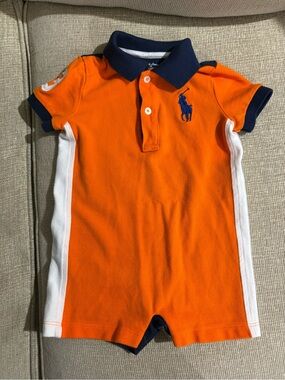 Polo Ralph Lauren baby boy orange/navy blue polo romper one piece 9 months